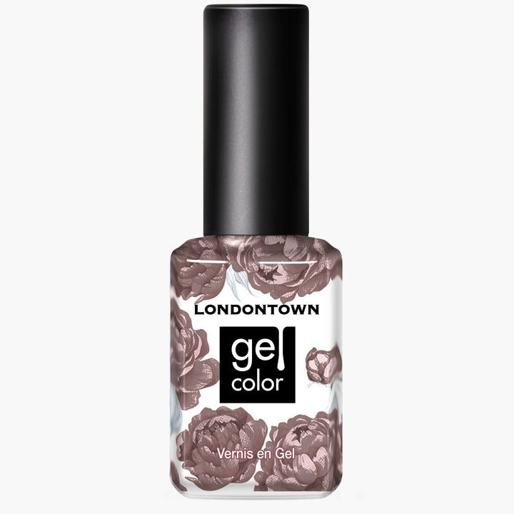 A bottle of LONDONTOWN Dirty Chai gel nail polish in spiced brown, featuring a black cap and delicate floral design on the bottle.