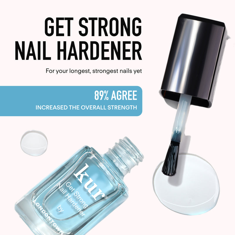 A bottle of LONDONTOWN Discovery Set 2.0 with the cap off and brush visible, emphasizing its strength benefits and unique formula—based on the provided snippet, 89% agreed it delivers noticeably stronger nails.