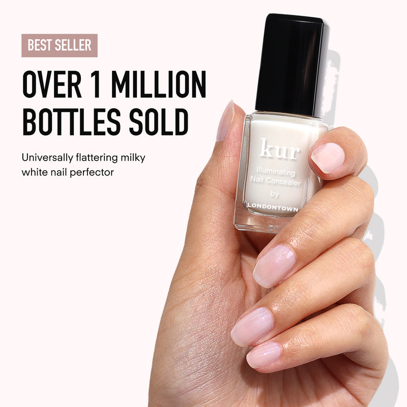 A hand holds the Londontown Discovery Set 2.0 by LONDONTOWN, featuring nail essentials loved for their benefits and "Over 1 million bottles sold." This set includes a universally flattering milky white nail perfector to enhance any look.
