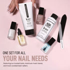 The LONDONTOWN Discovery Set 2.0—featuring nail polish, cuticle oil, hand cream, buffer, and file—is displayed on a pink background with a hand holding the buffer. Text: "One set for all your nail needs.