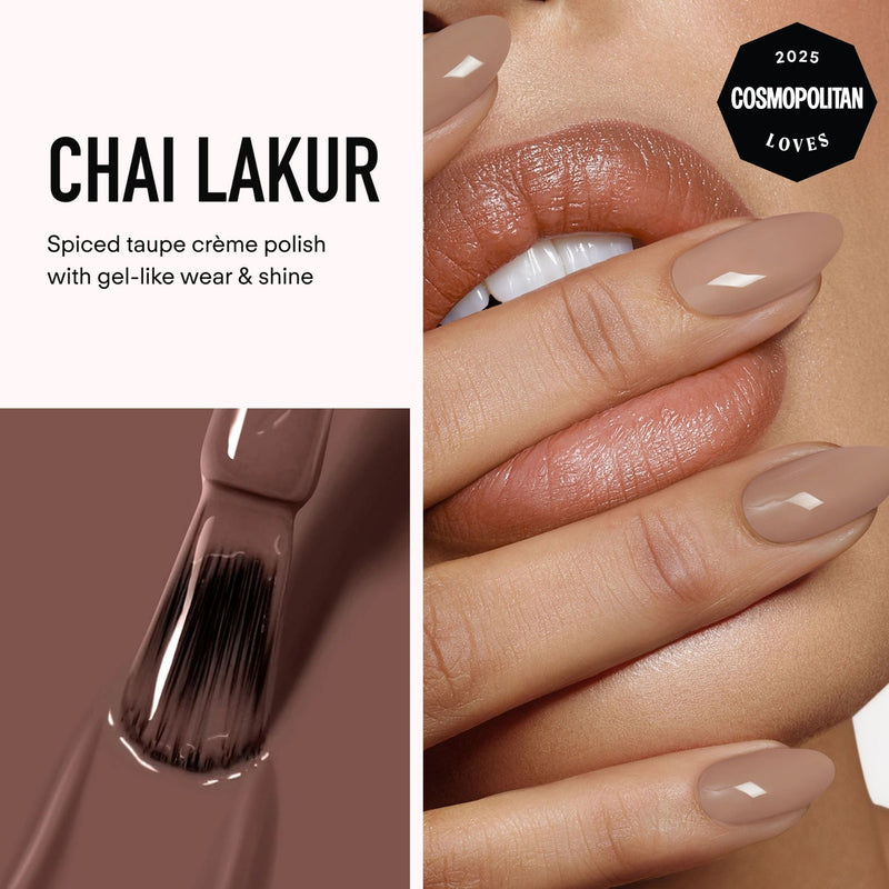 Close-up of manicured hands with taupe polish, a brush applying color, and text mentioning LONDONTOWN’s Discovery Set 2.0—no product description text is shown; only HTML/CSS code appears.