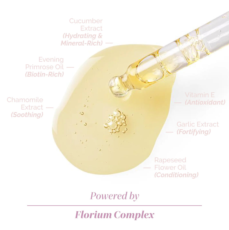 A serum dropper dispensing yellowish liquid, labeled with cucumber, evening primrose, chamomile, vitamin E, garlic & rapeseed oils. Dream State by LONDONTOWN: Powered by Florium Complex for a soft glow.