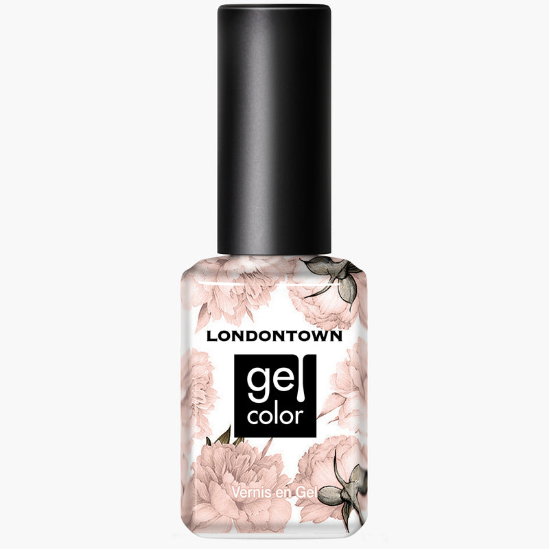 A bottle of LONDONTOWN gel color nail polish named *Dusk*, featuring a black cap and floral design on the bottle, offers a neutral peach hue for an easy, elegant look.