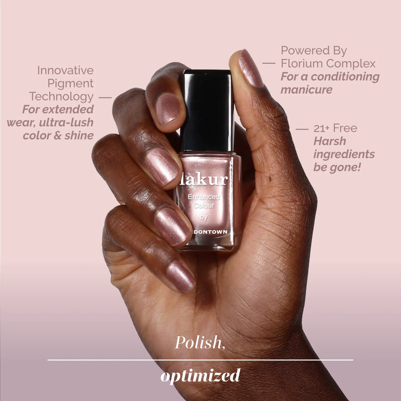 A hand with shimmery pink nails in "Extra Bubbles, Please" by LONDONTOWN holds a Lakur bottle. Text highlights its pigment technology, conditioning formula, and that it’s free from harsh ingredients.