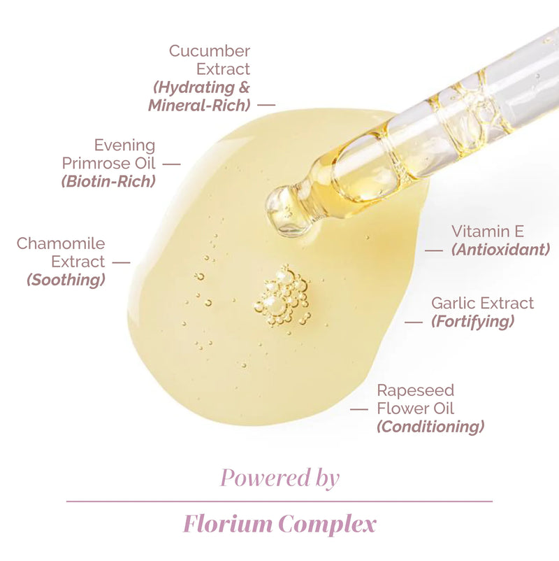 Extra Bubbles, Please by LONDONTOWN is a serum in sleek, shimmering mauve packaging featuring cucumber extract, evening primrose oil, chamomile, vitamin E, garlic extract & rapeseed oil—each ingredient highlighted for skin benefits.