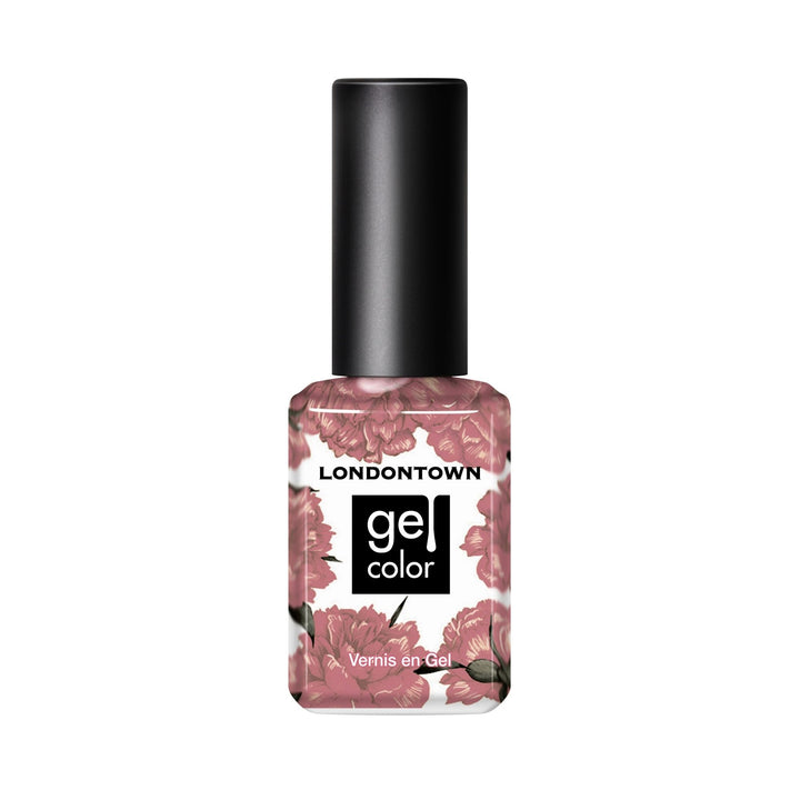 A bottle of LONDONTOWN gel nail polish called "Extra Bubbles, Please" with sheer pink floral designs and a black cap, labeled "Vernis en Gel.