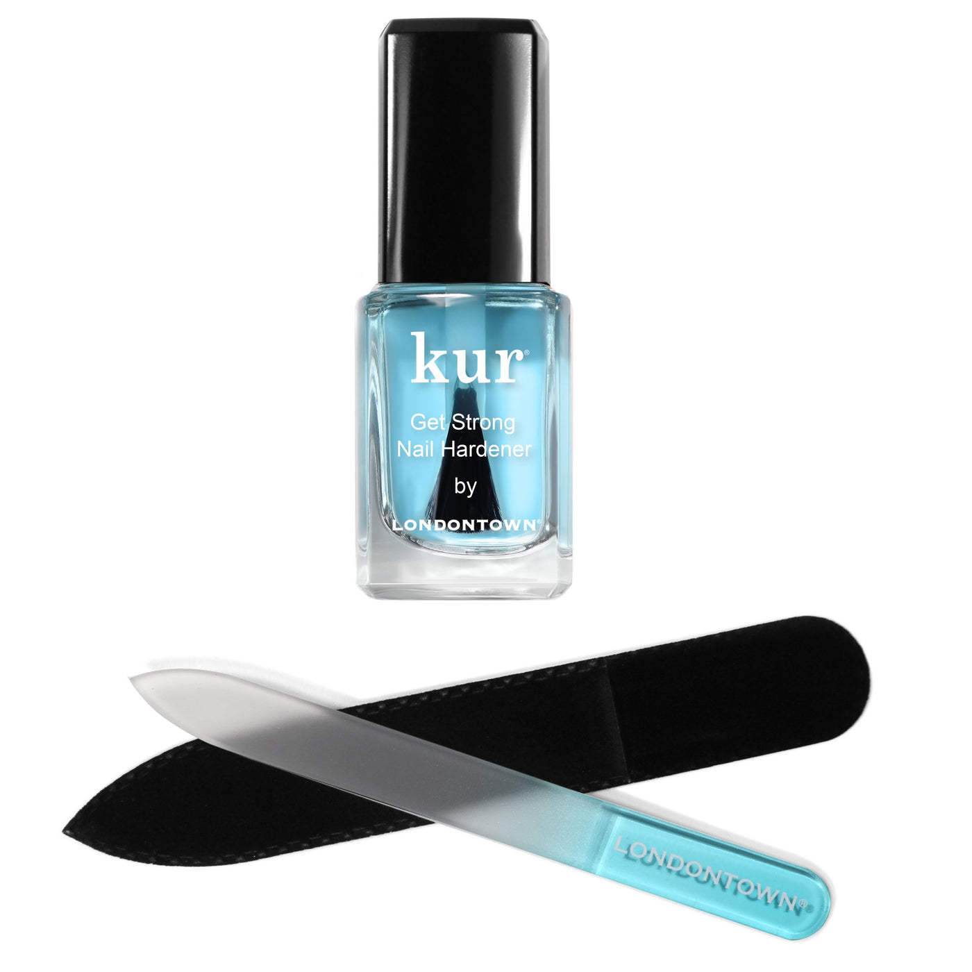 The LONDONTOWN Get Strong Nail Hardener & Blue Glass Nail File Duo is displayed on a white background, offering an ideal solution for strengthening fragile nails.