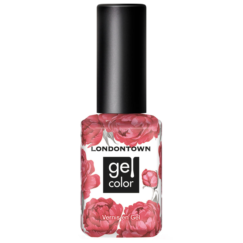 A bottle of LONDONTOWN Flushed Cheeks gel nail color with a black cap, featuring sun-kissed floral designs on the exterior.