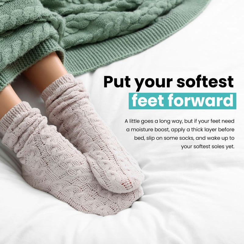 A person wearing textured socks sits under a green blanket. Text on the image reads: "Put your softest feet forward" with skincare advice for softer feet. Discover the soothing benefits of LONDONTOWN's Foot Balm, which moisturizes and revitalizes tired toes.