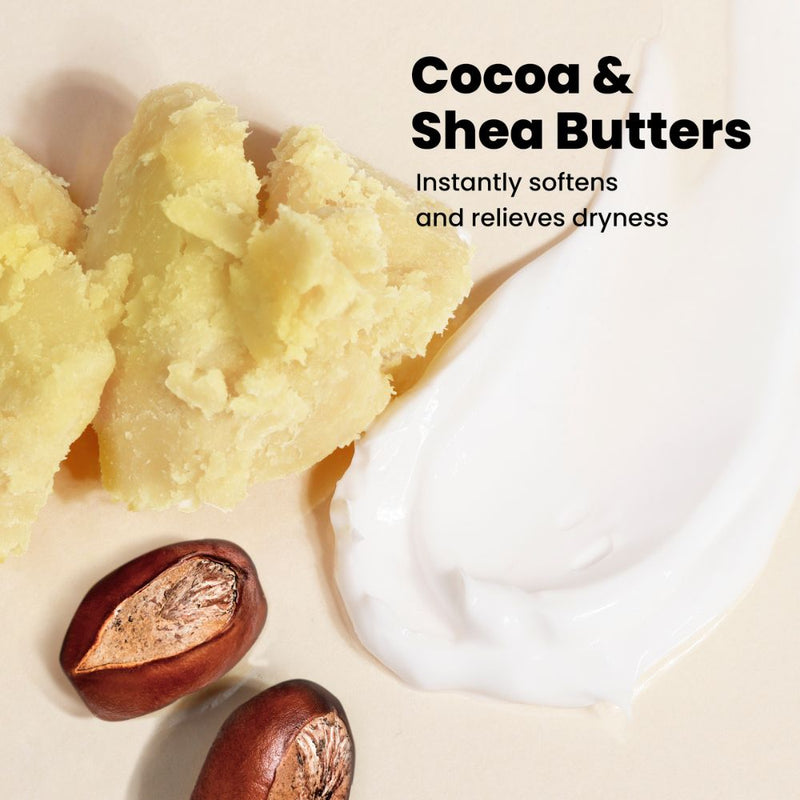 Chunks of cocoa and shea butter are placed alongside a creamy lotion and two cocoa beans. The text reads: "LONDONTOWN Eucalyptus-infused Foot Balm - Instantly softens, moisturizes, and relieves dryness.