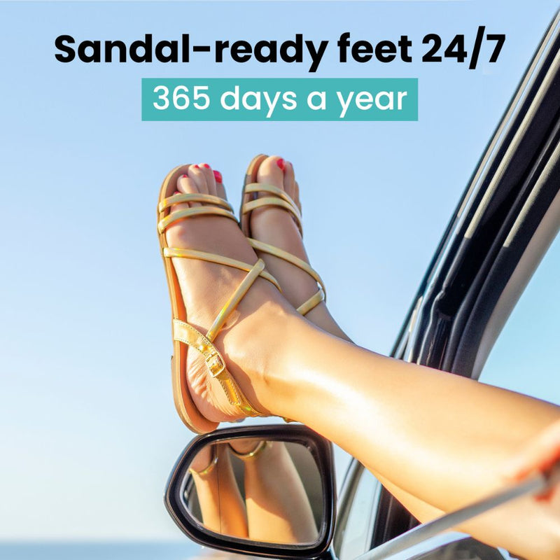 Feet in sandals rest outside a car window against a clear blue sky, accompanied by text promoting "sandal-ready feet all year round." Keep them soft and smooth with LONDONTOWN's moisturizing eucalyptus Foot Balm.