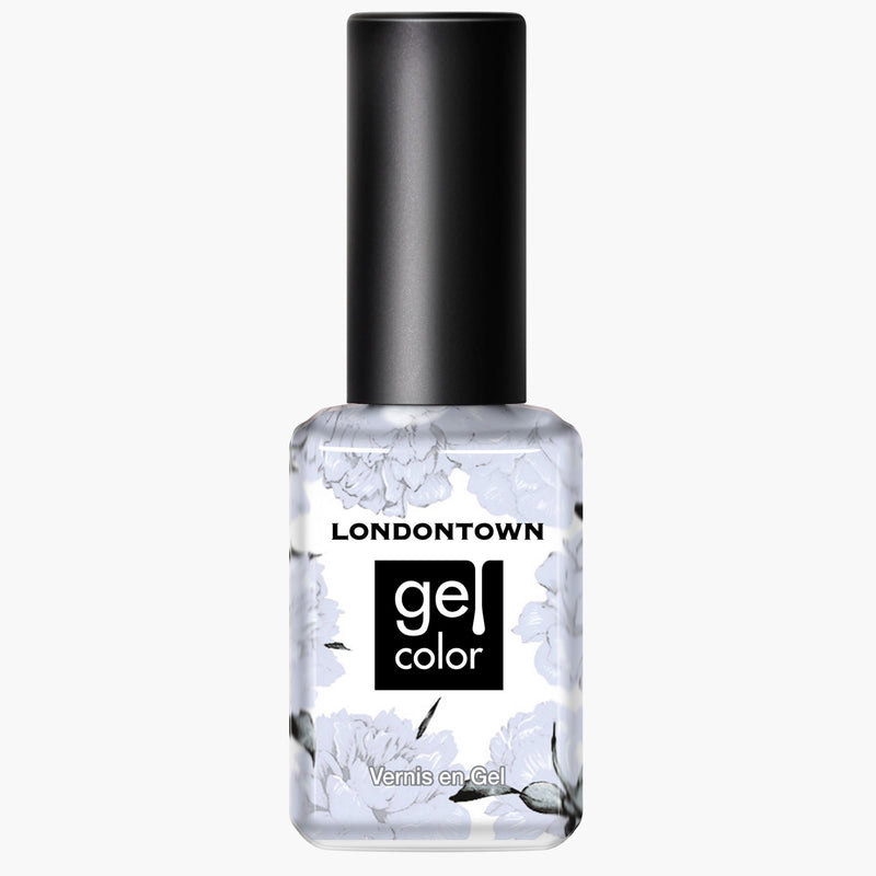 The Londontown Frostbitten gel color nail polish features a black cap and a bottle adorned with floral designs. The label reads 'LONDONTOWN gel color Vernis en Gel,' and the ice blue hue is perfect for any season.