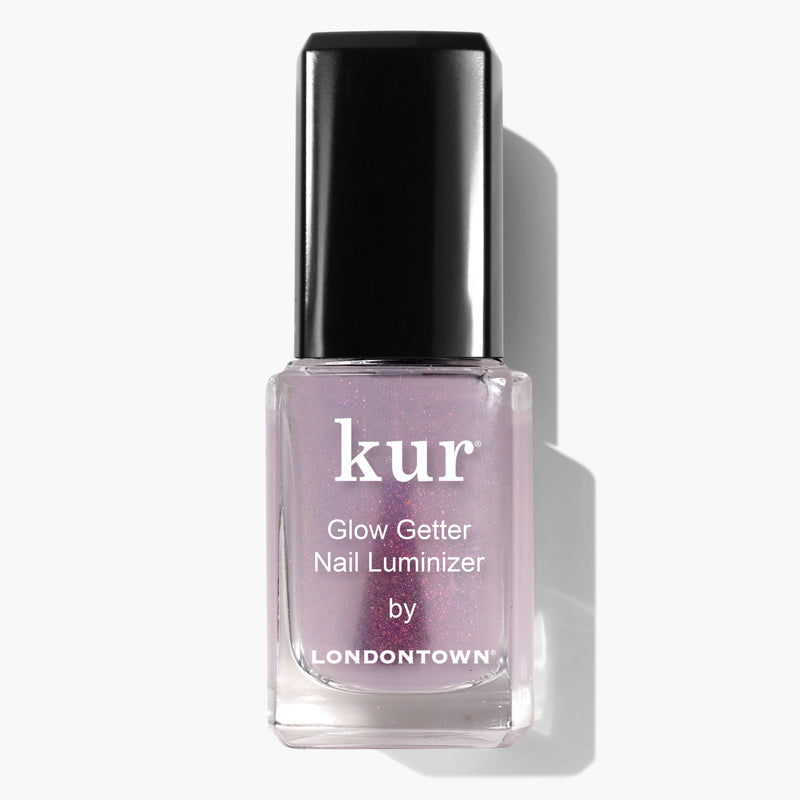 A bottle of Glow Getter Nail Luminizer by LONDONTOWN—a light purple shimmery polish with a black cap for an ethereal look and expert nail care.