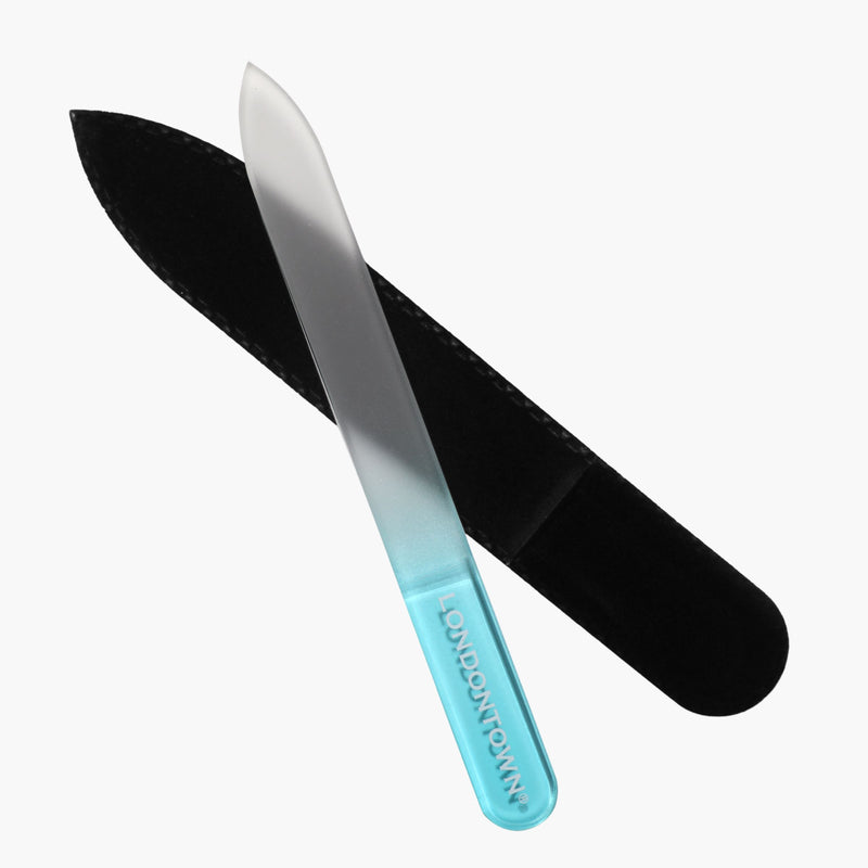The LONDONTOWN Glass Nail File - Aqua, featuring a blue handle and designed for effortless nail filing, is paired with its black case on a white background.