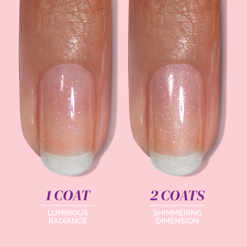 Two fingernails show a comparison of one and two coats of LONDONTOWN’s Glow Getter Nail Luminizer: the left nail has an ethereal, luminous sheen with one coat, while the right is more sparkly and opaque with two coats.