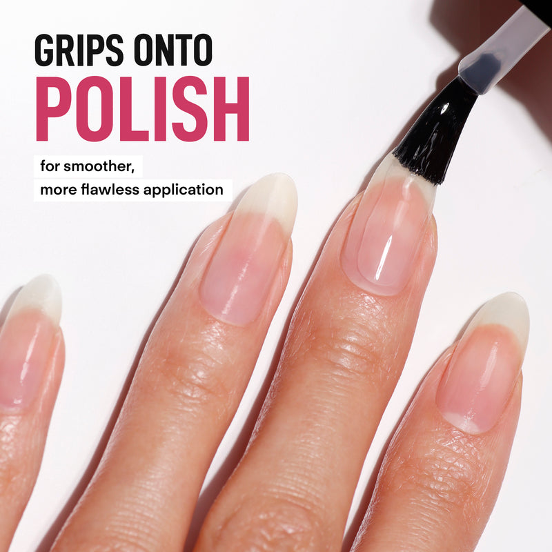 A close-up shows a hand applying LONDONTOWN's Gel Genius Base Coat to nails. Text reads: "Grips onto polish for smoother, more flawless application." Experience gel-like durability without the damage.