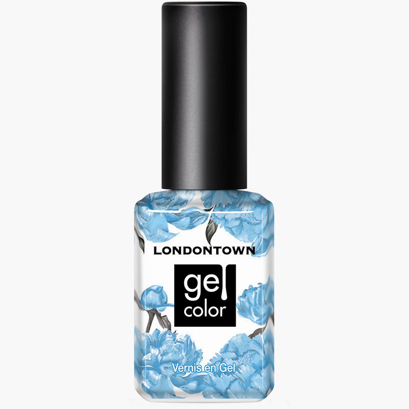 A bottle of LONDONTOWN Hot Spring gel nail color with a black cap and a Pacific blue floral design on the label. The text on the label reads "LONDONTOWN" and "gel color Vernis en Gel.