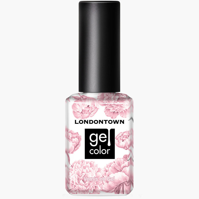 A bottle of LONDONTOWN's Pink Palm gel color nail polish, featuring a delicate floral pattern on the bottle and a soft pastel pink shade reminiscent of blooming carnations.
