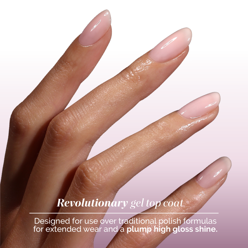 A hand with glossy nude nails is shown against a gradient background, promoting LONDONTOWN’s GelShift Top Coat for shine and long-lasting wear that’s cured under UV/LED light.