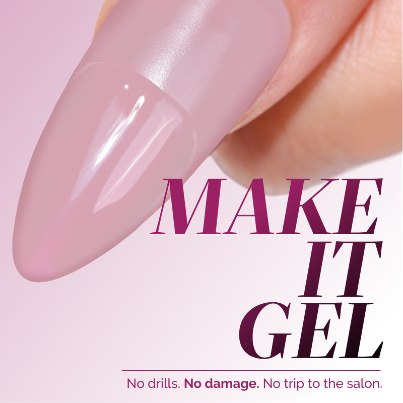 A close-up of a manicured fingernail with pink gel polish and the text: "GelShift Kit by LONDONTOWN—gel transformation at home. No drills, no damage, no salon needed.
