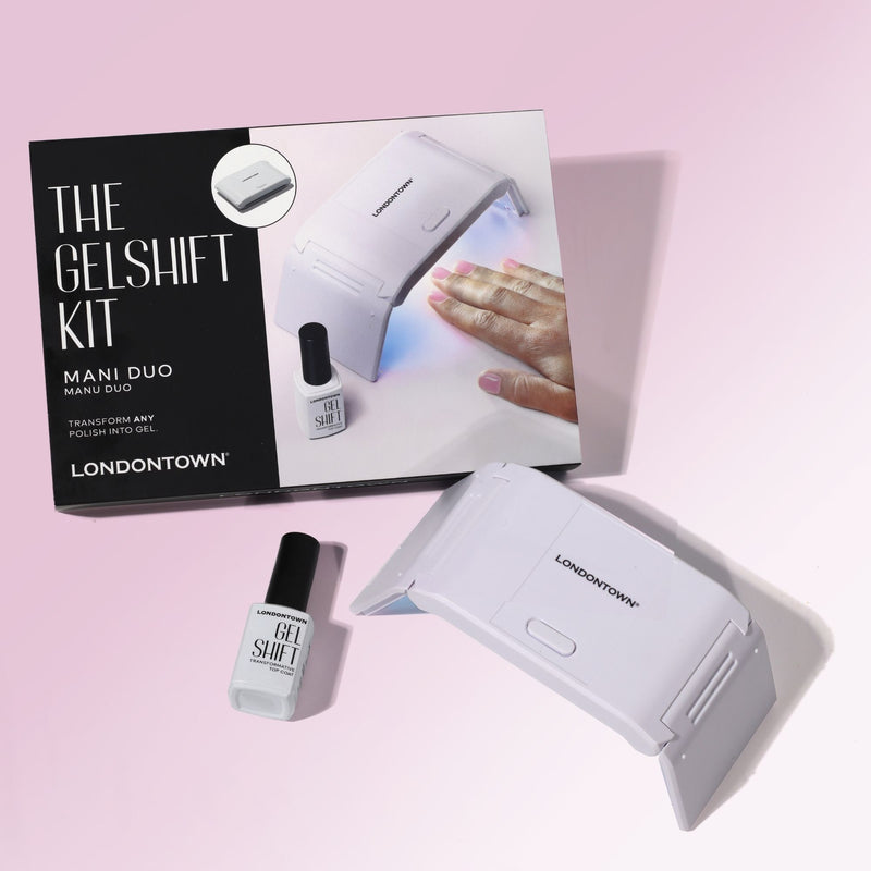 The GelShift Kit by LONDONTOWN includes a UV lamp, gel polish, and top coat—everything you need for your next nail transformation.
