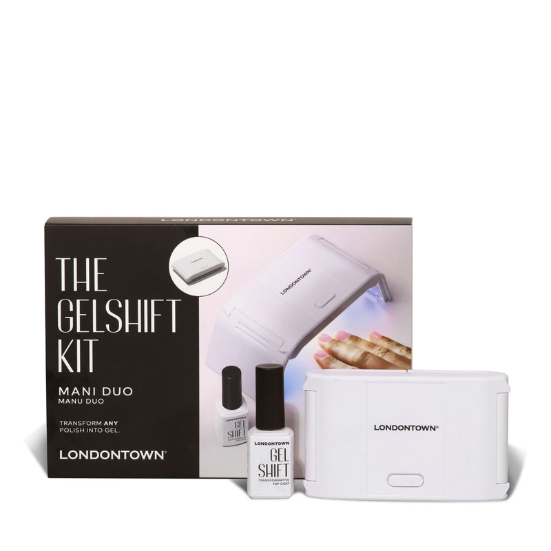 The LONDONTOWN GelShift Kit features two gel polish bottles and a white LED nail lamp—everything you need for your next nail transformation.