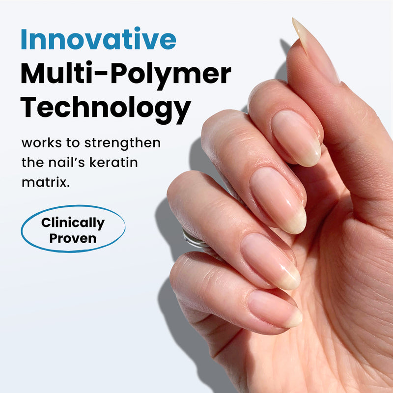 A close-up of a hand with well-manicured nails next to text describing LONDONTOWN's Get Strong Nail Hardener, which features "Innovative Multi-Polymer Technology" that strengthens the nail’s keratin matrix for the longest, strongest nails. Text includes "Clinically Proven" in a blue circle.