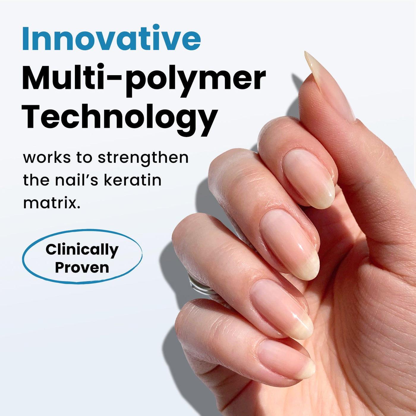 Close-up of a hand with manicured nails beside text advertising "Innovative Multi-polymer Technology" for strengthening the nail's keratin matrix. Achieve the strongest nails with LONDONTOWN’s Get Strong Nail Hardener (Professional), featuring this breakthrough formula. A "Clinically Proven" badge is also visible.