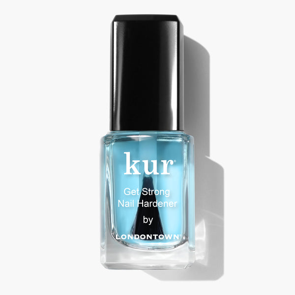 A bottle of LONDONTOWN's "Get Strong Nail Hardener" with a black cap, filled with blue liquid, stands against a white background—a must-have for achieving the strongest nails.