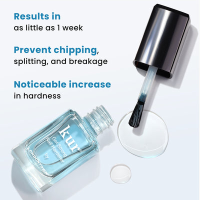 A bottle of LONDONTOWN's Get Strong Nail Hardener (Professional) with its applicator brush dipped in the liquid, surrounded by a few drops of nail hardener. Text highlights benefits including quick results and increased hardness for the longest nails.