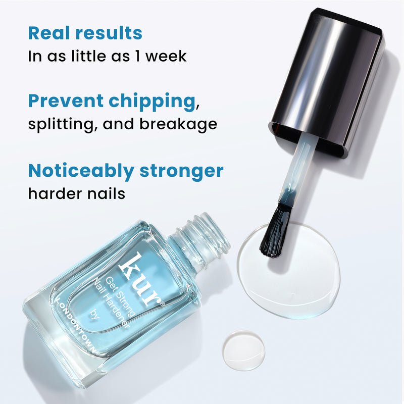 A bottle of Get Strong Nail Hardener by LONDONTOWN features an open brush applicator. Text highlights its benefits: real results in 1 week, prevention of chipping, splitting, and breakage, and noticeably stronger nails for the strongest nails. Ideal for comprehensive nail care.