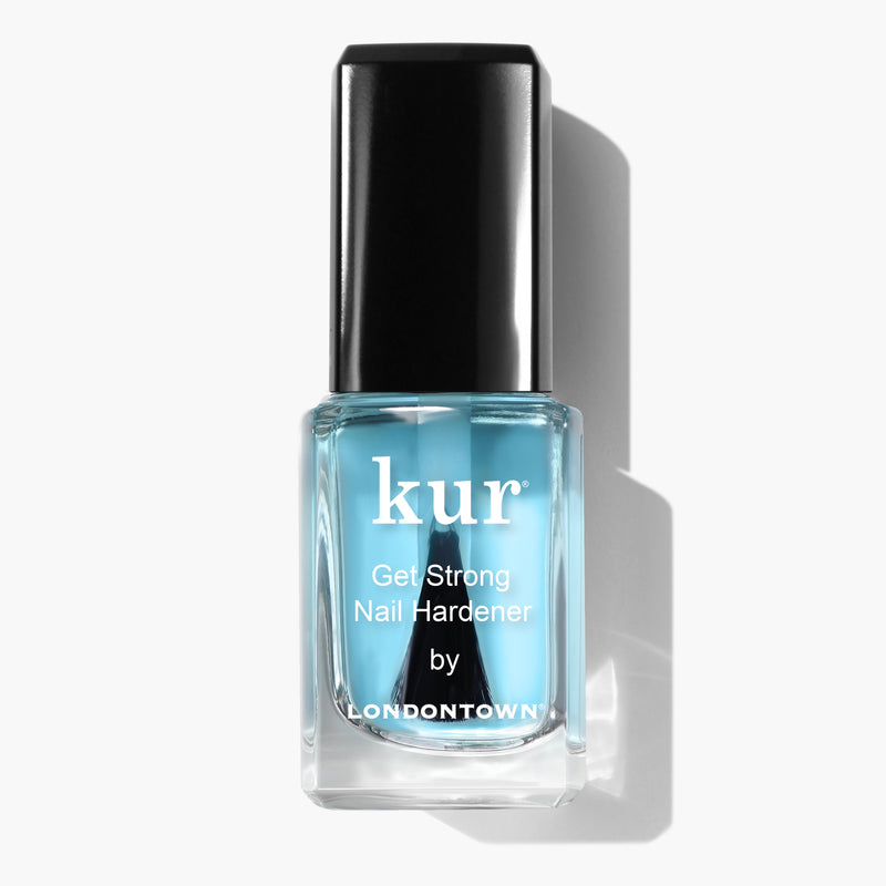 A bottle of Kur Get Strong Nail Hardener by Londontown with light blue liquid and a black cap.