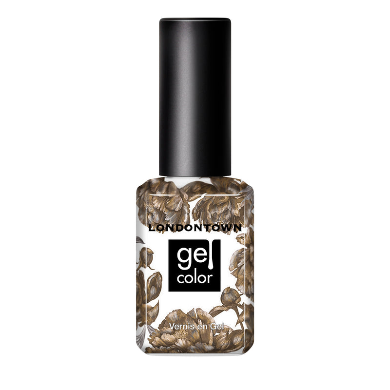 A bottle of LONDONTOWN "You're Golden" gel nail polish with a black cap and brown floral design, featuring a hint of holographic gold shimmer.