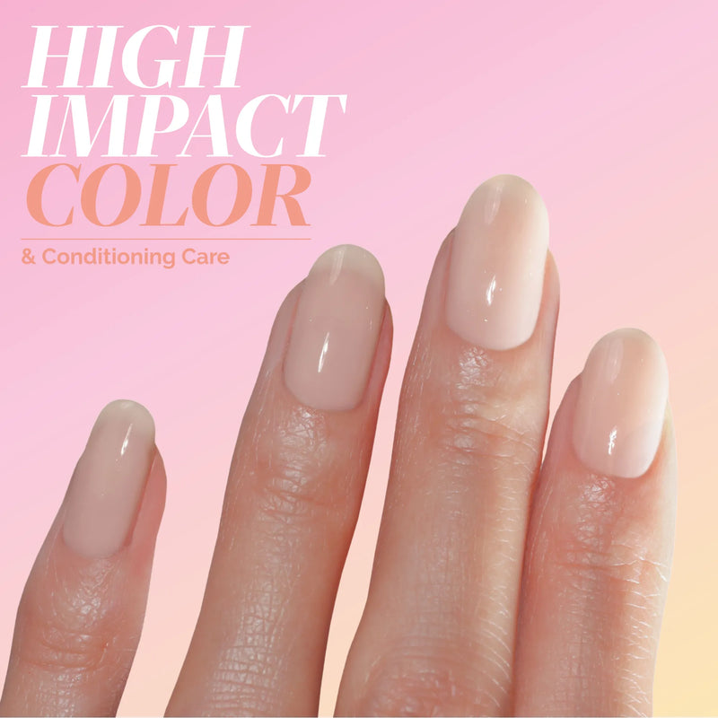 A close-up of four fingers with shiny, nude manicured nails features LONDONTOWN’s Good Vibes Only against a warm pink gradient background and the text: "High Impact Color & Conditioning Care.