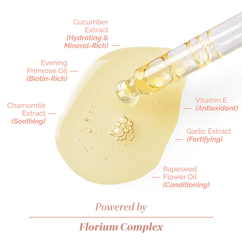 A dropper dispenses LONDONTOWN’s Good Vibes Only serum, featuring cucumber, evening primrose oil, chamomile extract, vitamin E, garlic extract, and rapeseed flower oil. Caption: "Powered by Florium Complex" for radiant skin.