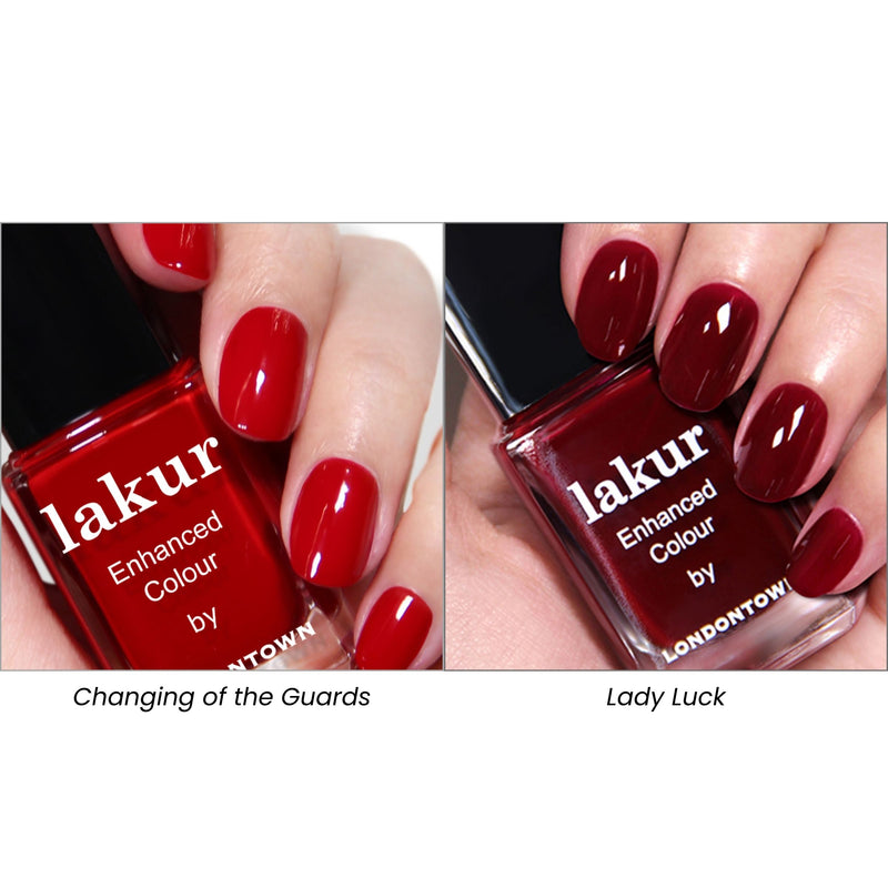 Two images of nails painted with LONDONTOWN's Cozy Fireside Duo highlight the allure of seasonal nails. The left displays a vibrant red shade named "Changing of the Guards," while the right showcases burgundy nails in a rich red crème, aptly called "Lady Luck.