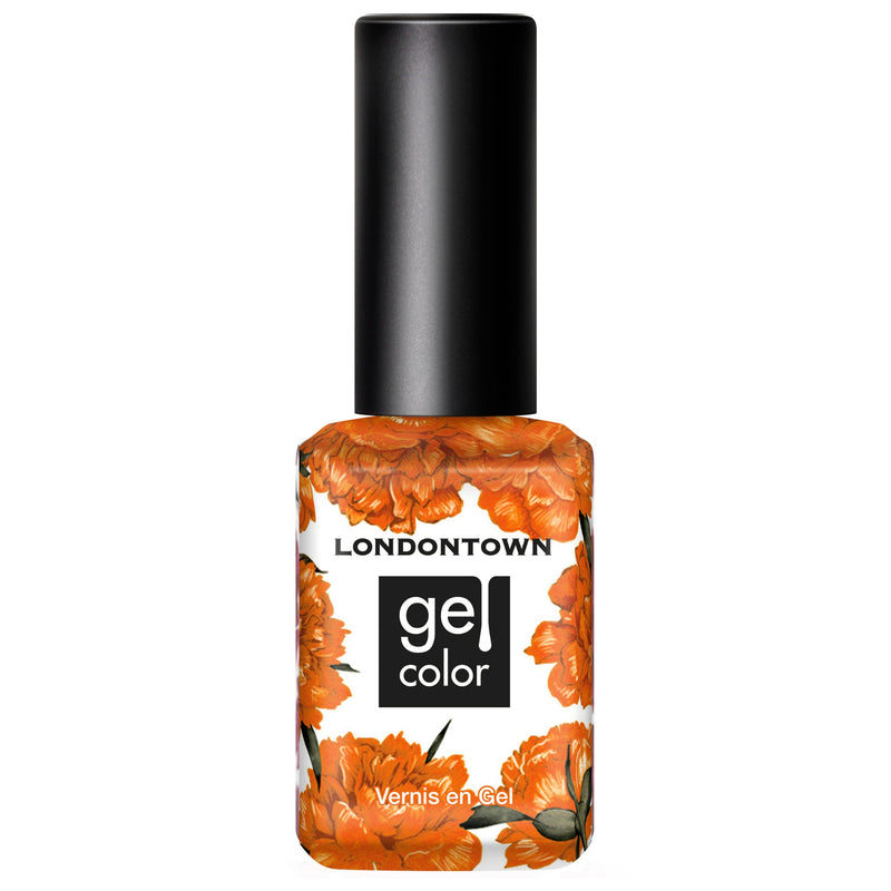 Bottle of LONDONTOWN Heat Wave gel color nail polish with a black cap and burnt orange floral design on the label.