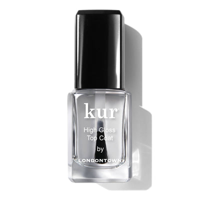 A clear bottle of LONDONTOWN Mini High Gloss Top Coat nail polish with a black cap, shown on a white background.