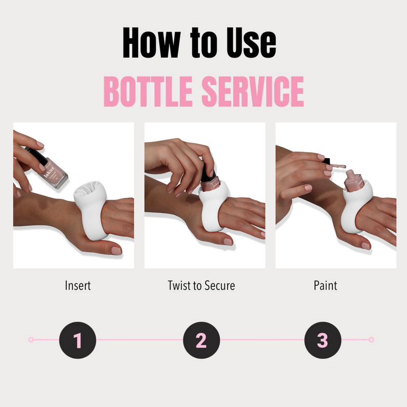 Visual instructions demonstrating how to use the Bottle Service Polish Holder for easy manicures by LONDONTOWN. Step 1: Insert the bottle into the holder. Step 2: Twist to secure it in place. Step 3: Paint nails using the secured bottle for mess-free pedicures and manis & pedis alike.