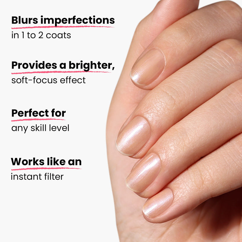 A close-up of a hand with polished nails, accompanied by text highlighting the benefits of LONDONTOWN's Bare Illuminating Nail Concealer (Professional): blurs imperfections, provides a brighter effect, suitable for all skill levels, and works like an instant filter.