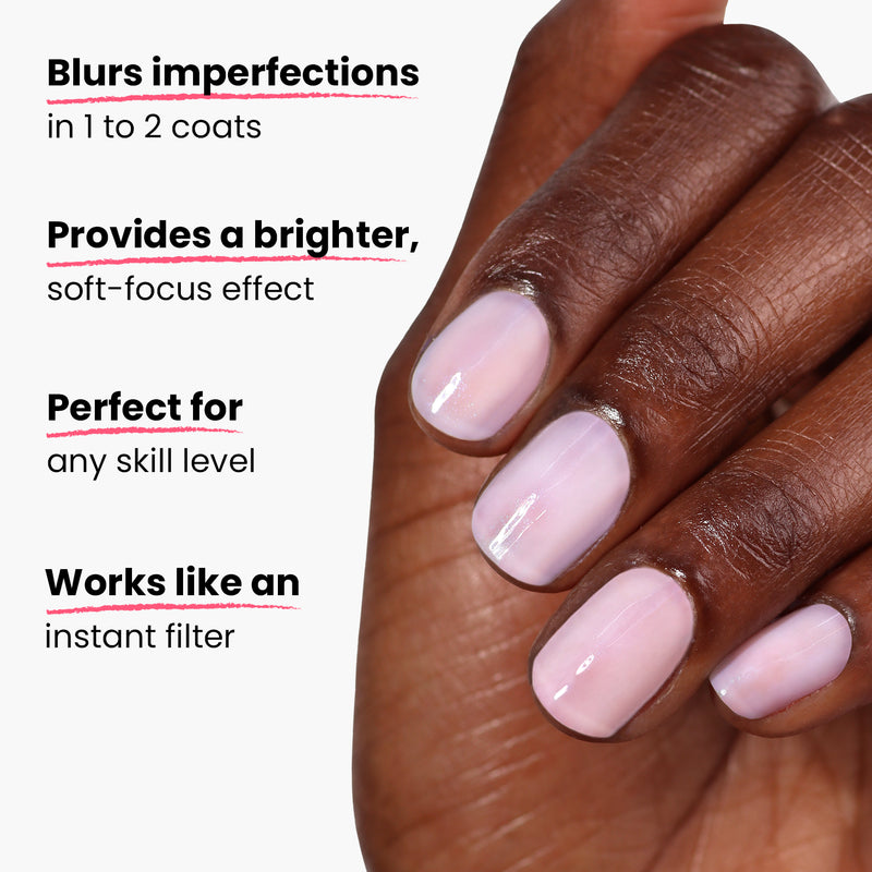 A hand with neatly manicured nails is shown, featuring a glossy light pink shade of LONDONTOWN's Illuminating Nail Concealer (Professional). The image includes four text blocks highlighting the polish's benefits, such as blurring imperfections and ease of use, while acting as a brightener for dull nails.