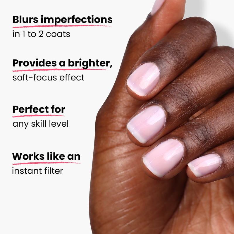 Close-up of a hand with neatly manicured nails painted in light pink using LONDONTOWN's Pink Illuminating Nail Concealer (Professional). Text highlights benefits: blurs imperfections, provides an instant illuminating brightener effect, perfect for any skill level, works like a filter.