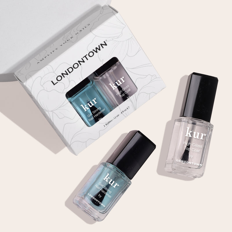 Three LONDONTOWN Strength & Shine Duo products are displayed: a clear coat, a nail strengthener for the strongest nails, and a topcoat. The items are arranged beside a branded product box.