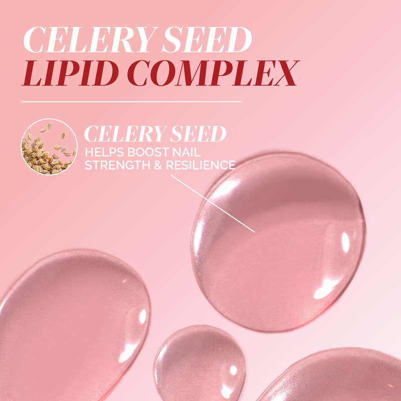 Pink graphic with text "Luxe Length Nail Gloss" by LONDONTOWN. Celery seeds and droplets highlight that celery seed helps boost nail strength for longer, healthier nails—an ideal protector to support growth and resilience.