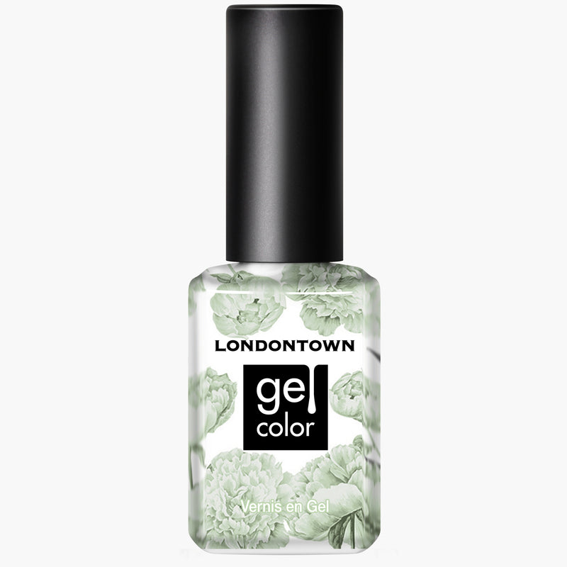 A bottle of LONDONTOWN Gel Color nail polish named "Lichen," featuring a black cap and adorned with a floral pattern on the bottle. The label reads, "LONDONTOWN gel color Vernis en Gel." It evokes a sense of tranquility akin to the purifying aura of white sage.