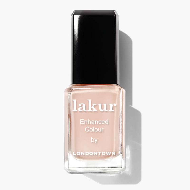 A bottle of Lakur Enhanced Colour by LONDONTOWN nail polish, featuring the shade Linen and a black rectangular cap.