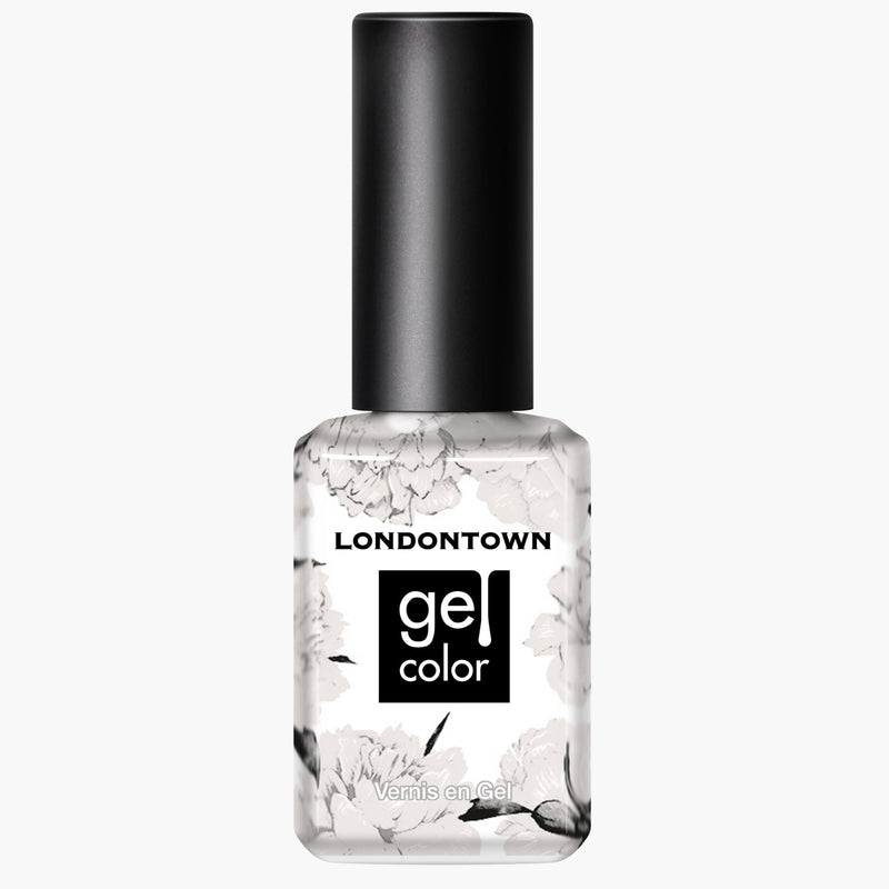 A bottle of LONDONTOWN London Fog Gel Color nail polish with a black cap and a cool, crisp floral design on the bottle.