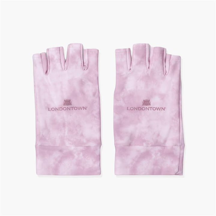 A pair of pink tie-dye UV Gloves by LONDONTOWN, featuring the brand name and logo printed on the back of each glove; these fingerless gloves provide stylish hand protection for everyday wear or can be used as gel padded gloves for added comfort.
