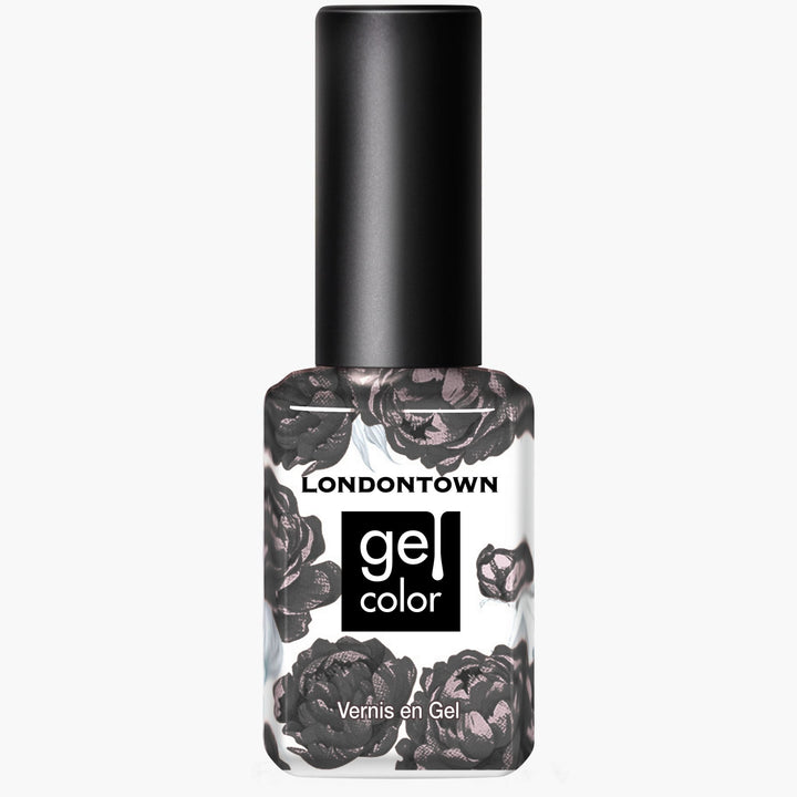 A bottle of LONDONTOWN Midnight Mocha gel nail polish with a black cap and floral label design.