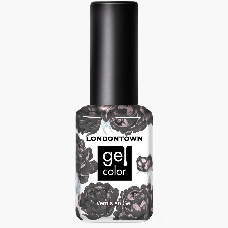 A bottle of LONDONTOWN Midnight Mocha gel nail polish with a black cap and floral label design.